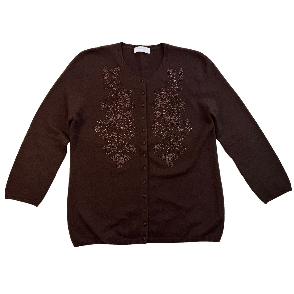 Vintage Marshall Field's Cashmere Cardigan Brown Beaded Floral Quiet Luxury Sz M